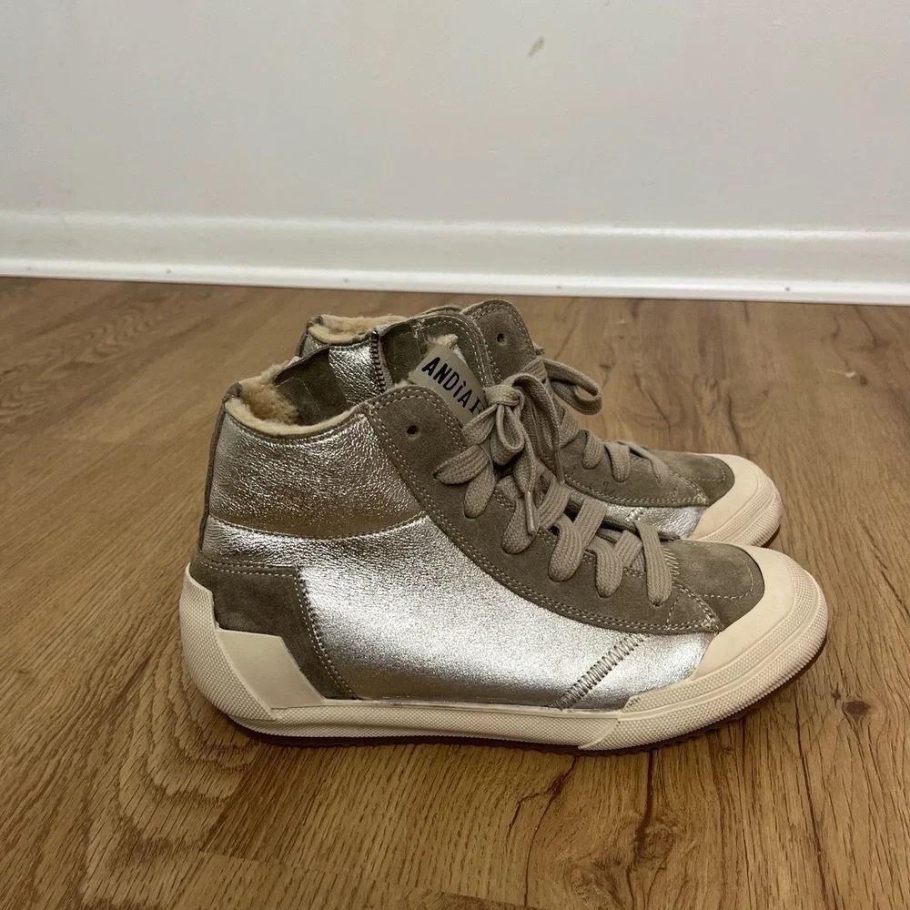 Andia‎ Fora Beige Metallic Silver High Top Side Zipper Lace Up Sneakers Size 39